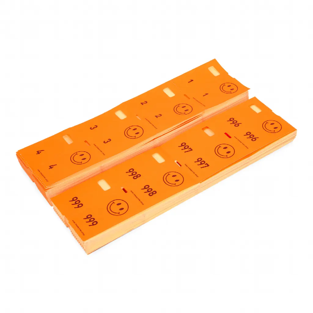 1000 pre-printed cloakroom tickets, neon red/orange
