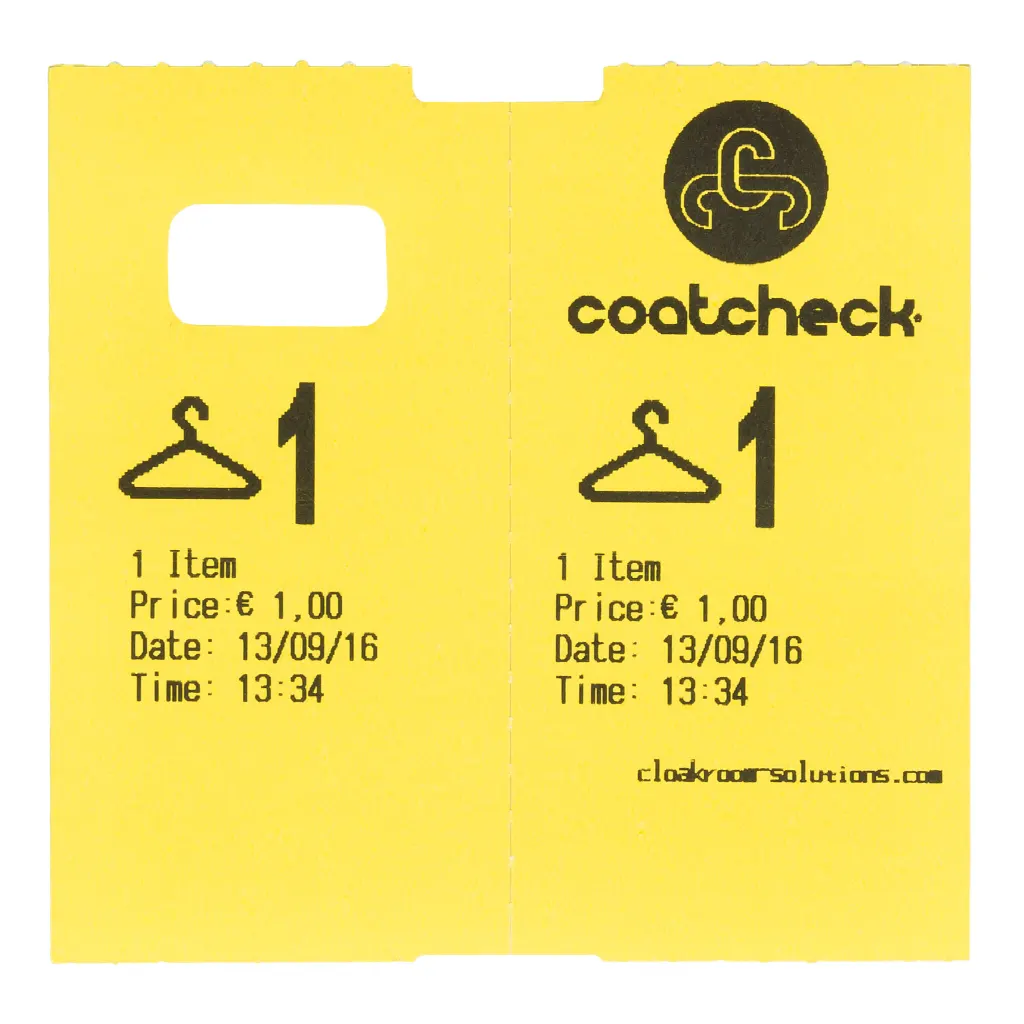 Coatcheck cloakroom tickets, 14 rolls x 325 tickets, Yellow
