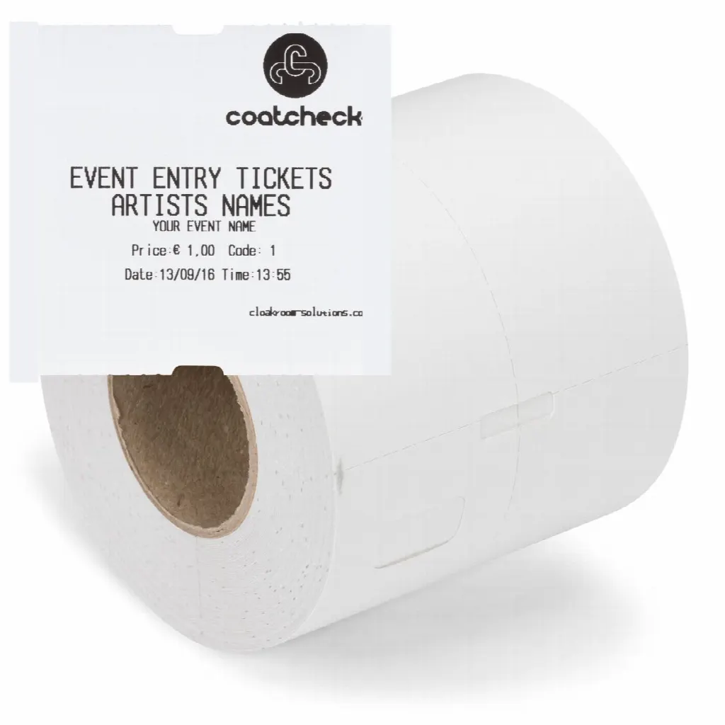 Coatcheck roll, ‘economy’ entrance tickets without control strip, 14 x 550 tickets, white