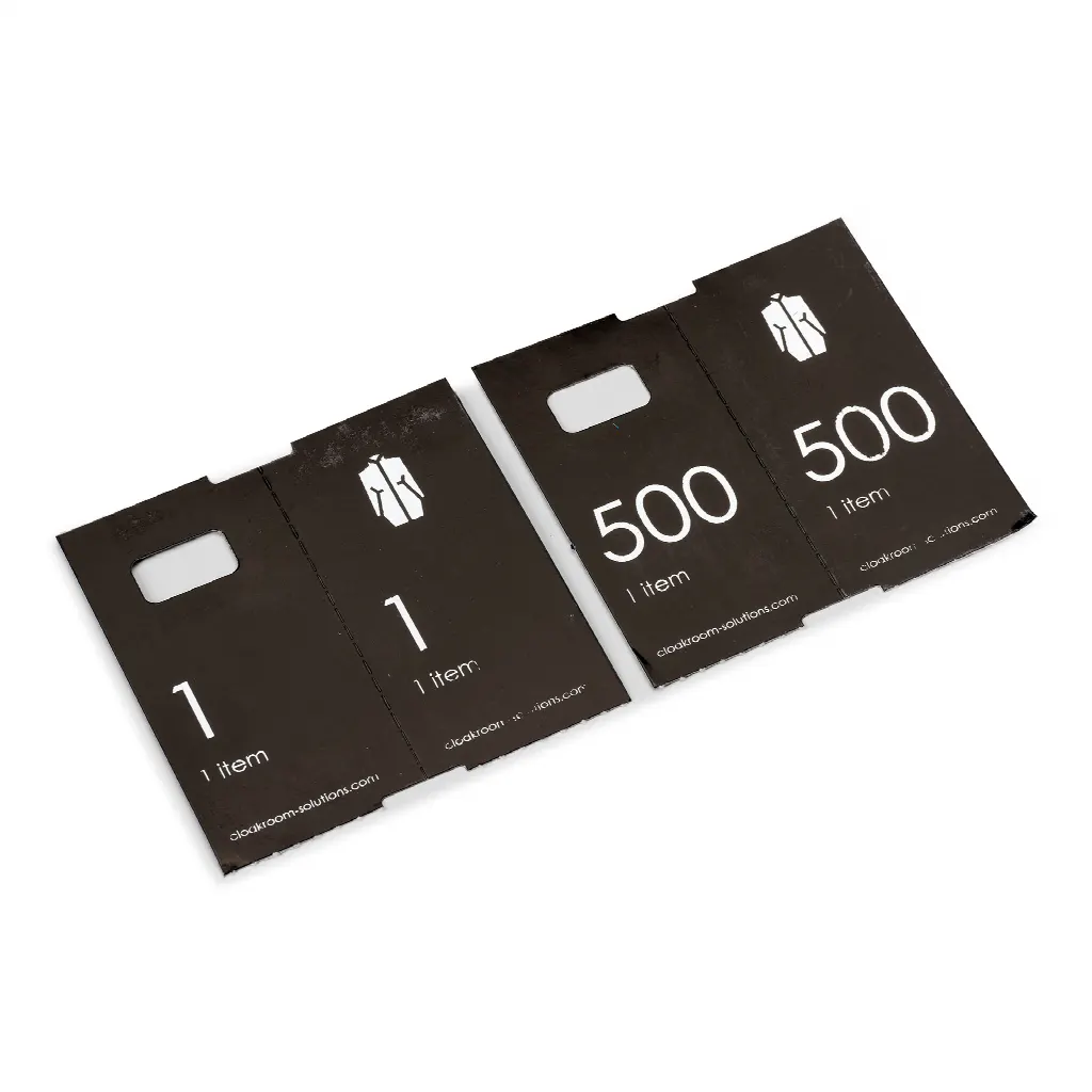 Luxury paper cloakroom tags, black with silver print, 1-500